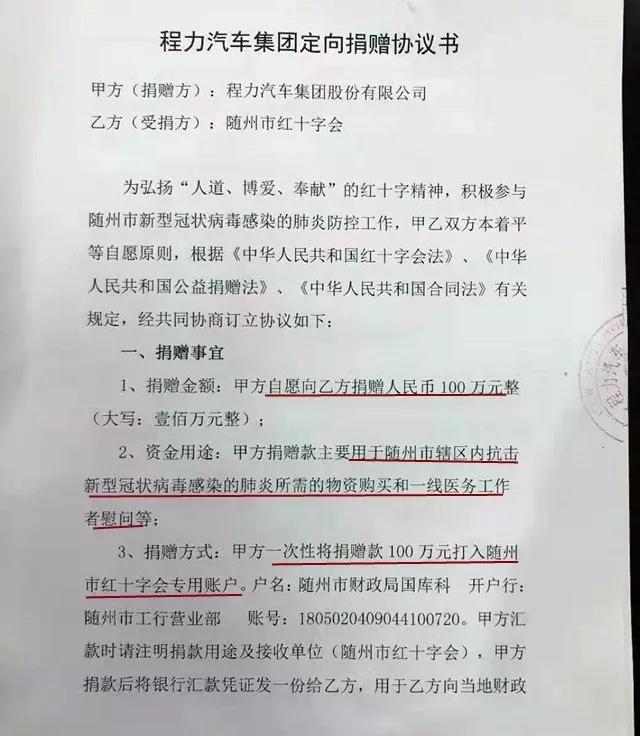 湖北程力捐款協議書